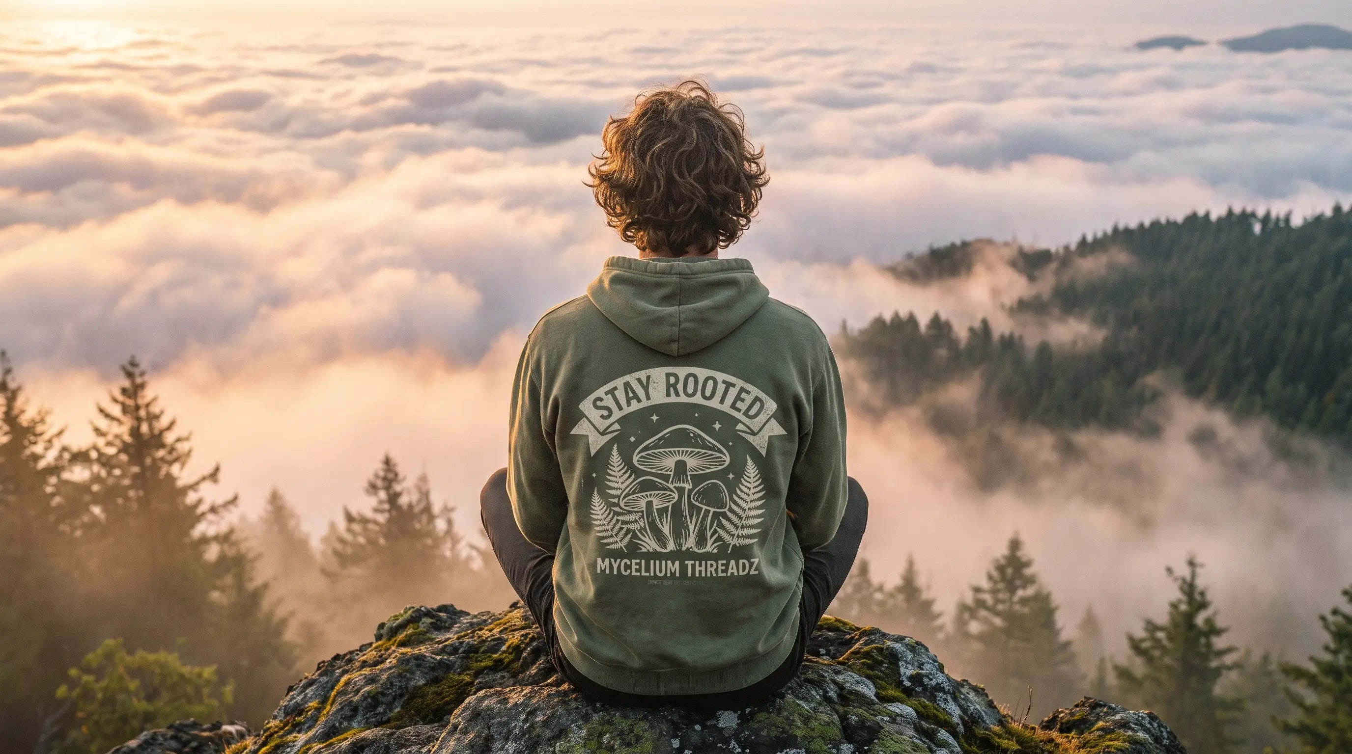Person in a Stay Rooted hoodie above a sea of clouds at dawn