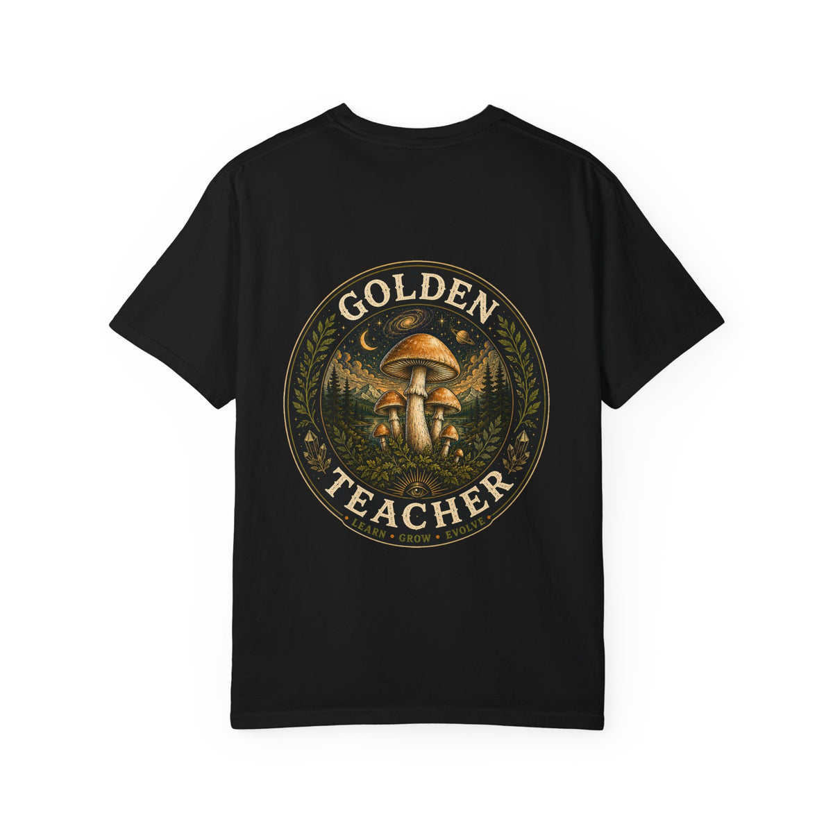 Golden Teacher Learn Grow Evolve Mushroom T-Shirt | Mycelium Threadz Vintage Nature Tee