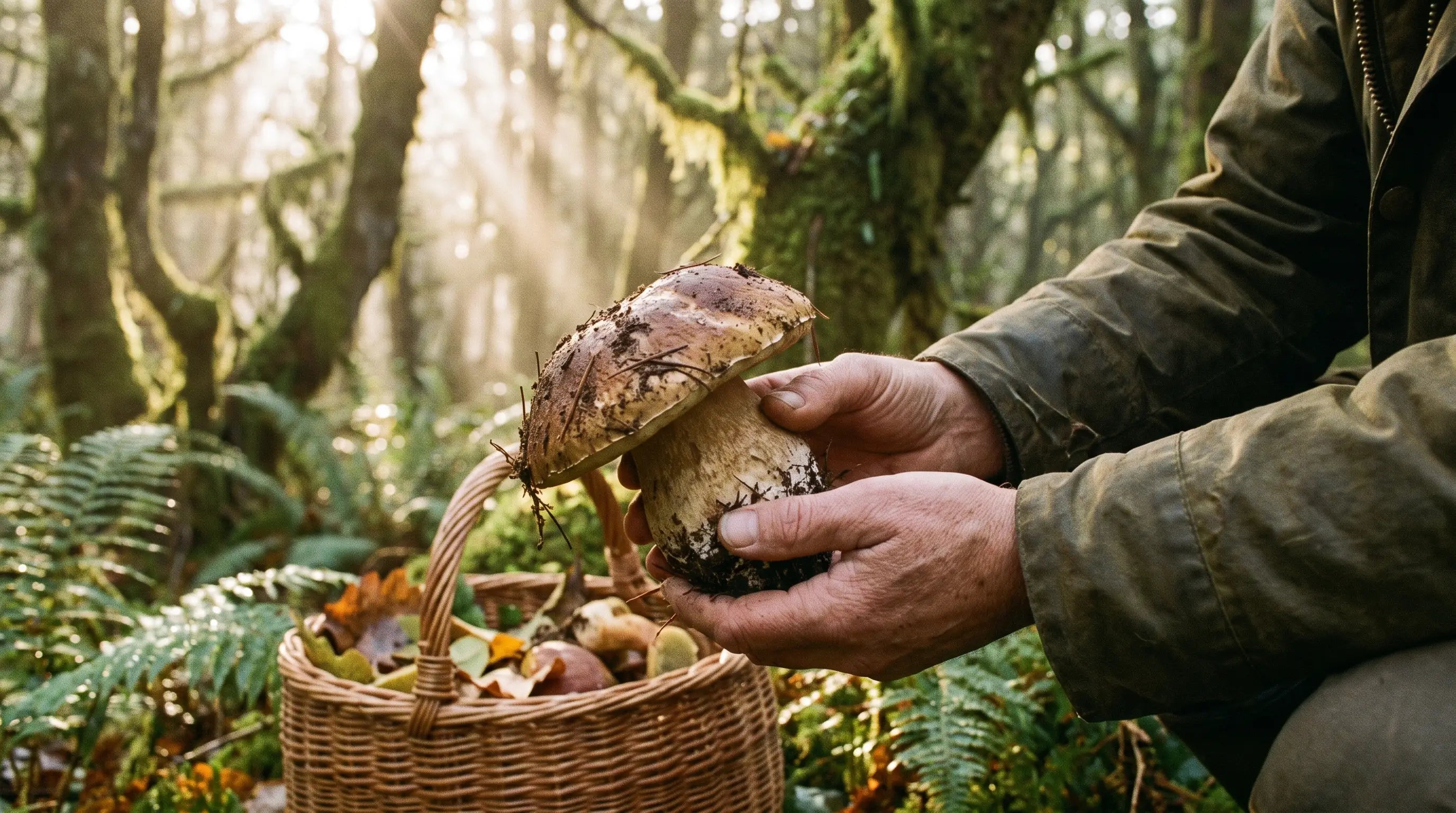 Hands holding a foraged porcini mushroom in a misty forest